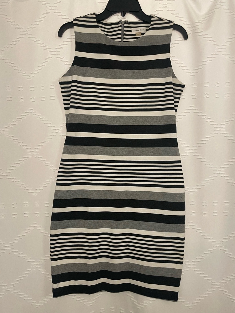 Calvin Klein Black, White & Gray Striped Midi Sheath Dress